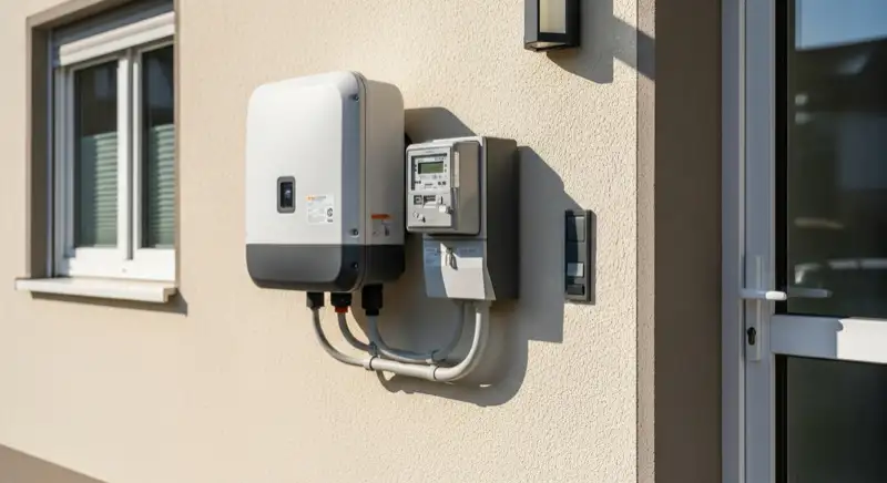 Modern German electrical meter cabinet (Zählerschrank) with smart meter and solar inverter connection, clean technical installation