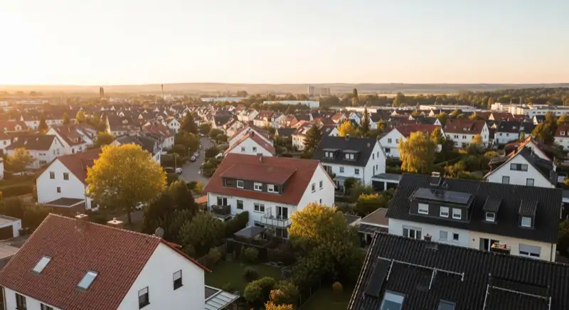 Aerial drone view of typical German residential neighborhood with mixed roof types, red and dark roof tiles, gardens visible, sunny day