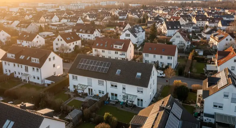 Aerial drone view of typical German residential neighborhood with mixed roof types, red and dark roof tiles, gardens visible, sunny day