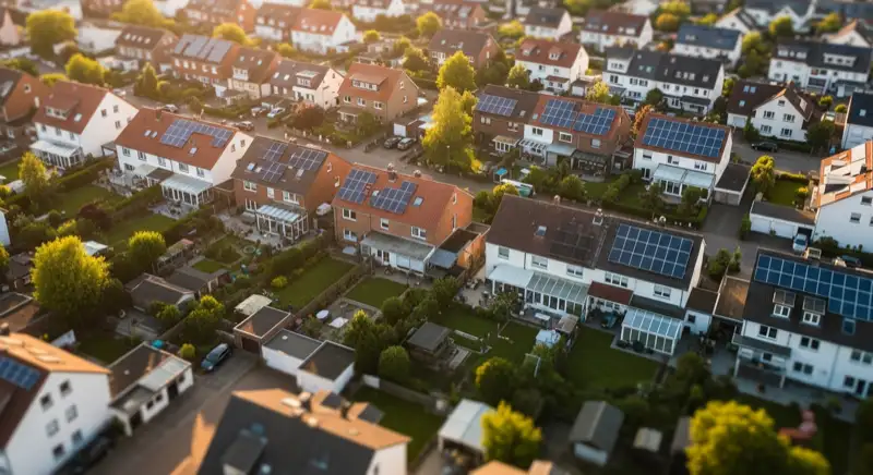 Aerial drone view of typical German residential neighborhood with mixed roof types, red and dark roof tiles, gardens visible, sunny day
