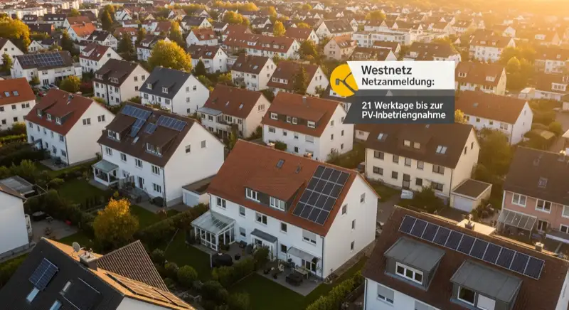 Aerial drone view of typical German residential neighborhood with mixed roof types, red and dark roof tiles, gardens visible, sunny day