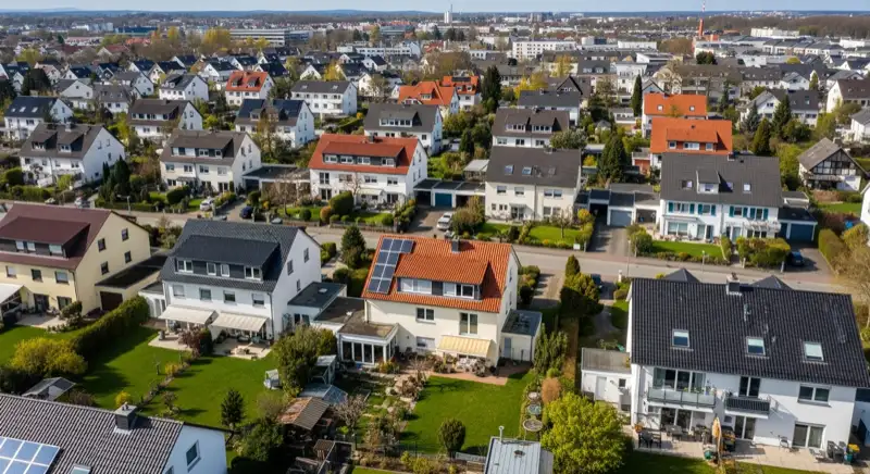 Aerial drone view of typical German residential neighborhood with mixed roof types, red and dark roof tiles, gardens visible, sunny day
