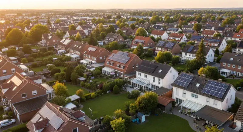 Aerial drone view of typical German residential neighborhood with mixed roof types, red and dark roof tiles, gardens visible, sunny day