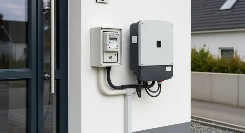 Modern German electrical meter cabinet (Zählerschrank) with smart meter and solar inverter connection, clean technical installation