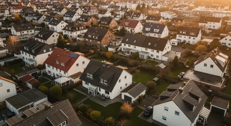 Aerial drone view of typical German residential neighborhood with mixed roof types, red and dark roof tiles, gardens visible, sunny day