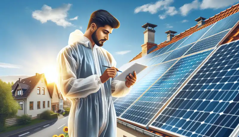 Energieberater prüft Solaranlage auf dem Dach mit Tablet in Mönchengladbach