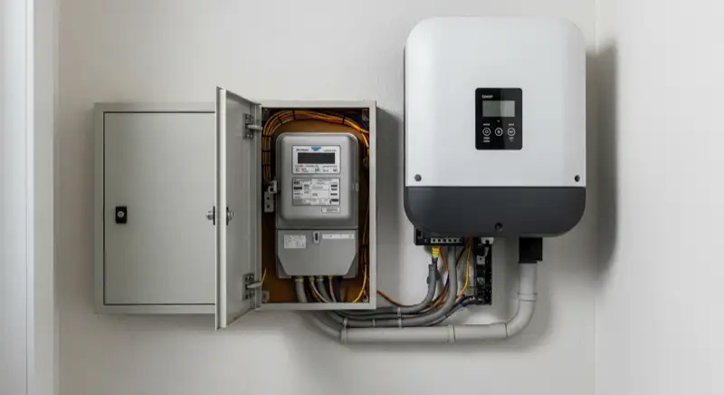 Modern German electrical meter cabinet (Zählerschrank) with smart meter and solar inverter connection, clean technical installation