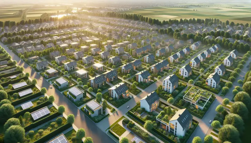 Wohnsiedlung am Niederrhein mit mehreren Häusern mit Solaranlagen auf den Dächern