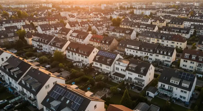 Aerial drone view of typical German residential neighborhood with mixed roof types, red and dark roof tiles, gardens visible, sunny day