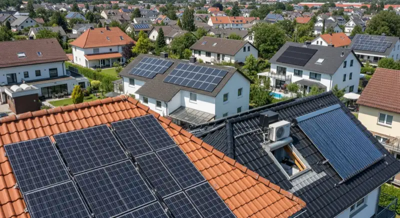 Aerial drone view of typical German residential neighborhood with mixed roof types, red and dark roof tiles, gardens visible, sunny day