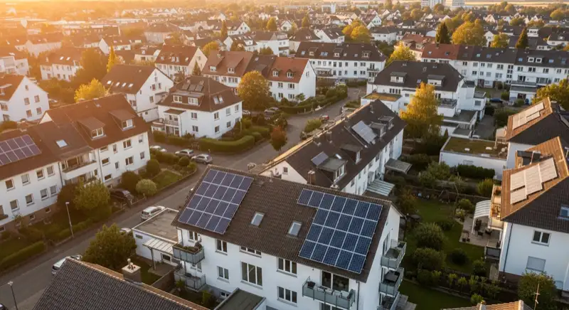 Aerial drone view of typical German residential neighborhood with mixed roof types, red and dark roof tiles, gardens visible, sunny day