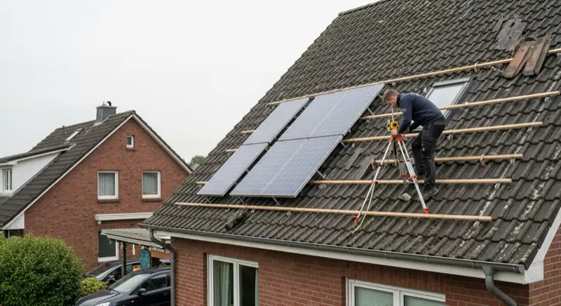 Installateur mit Messgerät bei der Dachvermessung auf Einfamilienhaus in Mönchengladbach