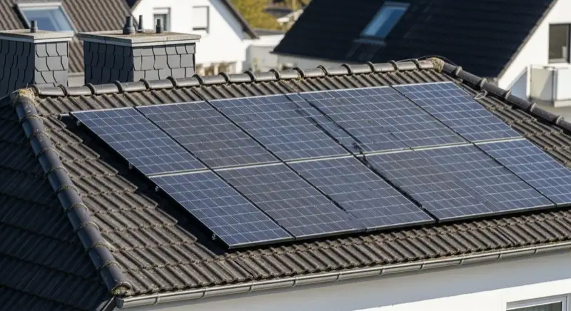 Installateure montieren Solarmodule auf dem Satteldach eines typischen Mülheimer Einfamilienhauses