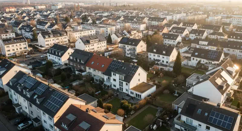 Aerial drone view of typical German residential neighborhood with mixed roof types, red and dark roof tiles, gardens visible, sunny day