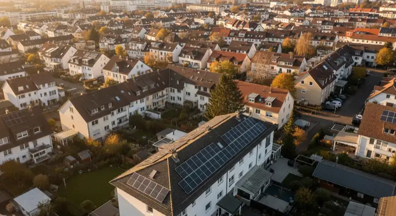 Aerial drone view of typical German residential neighborhood with mixed roof types, red and dark roof tiles, gardens visible, sunny day