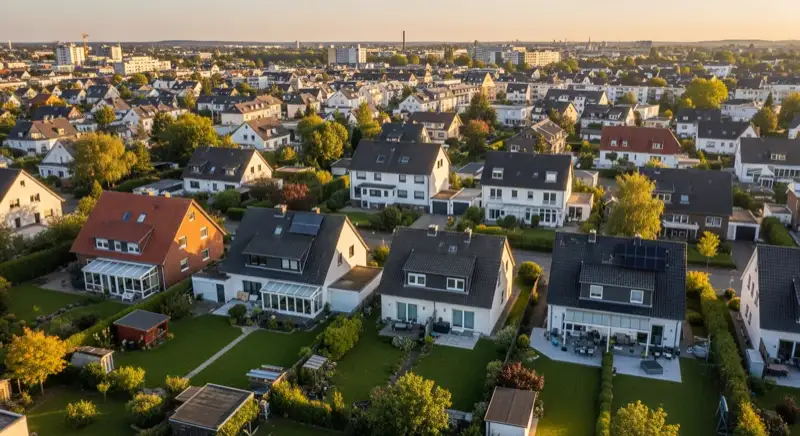 Aerial drone view of typical German residential neighborhood with mixed roof types, red and dark roof tiles, gardens visible, sunny day