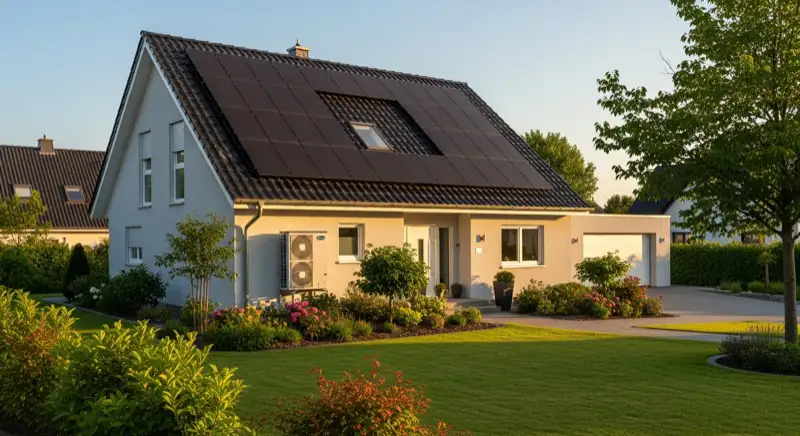 German detached house (Einfamilienhaus) with photovoltaic panels on pitched roof, well-maintained garden, warm afternoon sunlight