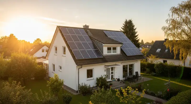 German detached house (Einfamilienhaus) with photovoltaic panels on pitched roof, well-maintained garden, warm afternoon sunlight
