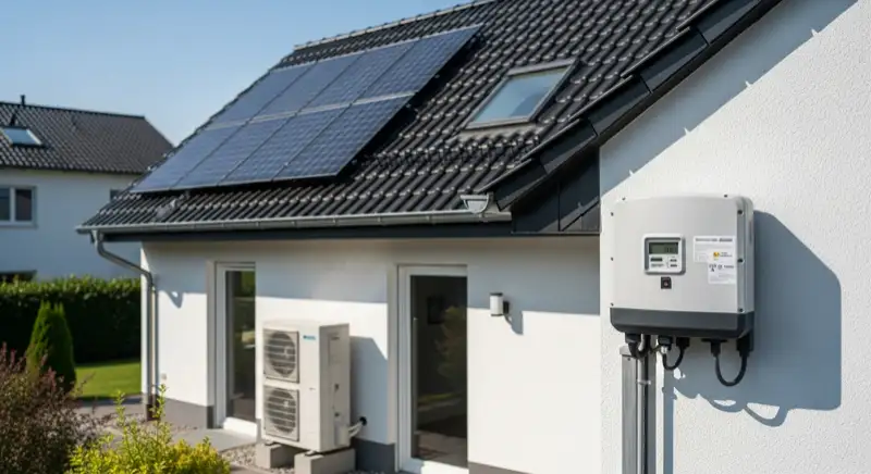 Modern German electrical meter cabinet (Zählerschrank) with smart meter and solar inverter connection, clean technical installation