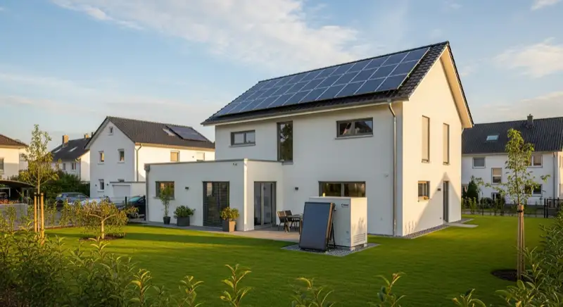 Modernes Einfamilienhaus in Mülheim mit Solaranlage auf dem Dach und Wärmepumpen-Außeneinheit im Garten