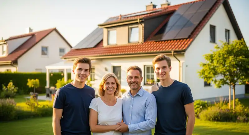 Familie vor ihrem Eigenheim mit neuer Solaranlage auf dem Dach, Garten, grüne Wohnsiedlung in Mülheim an der Ruhr