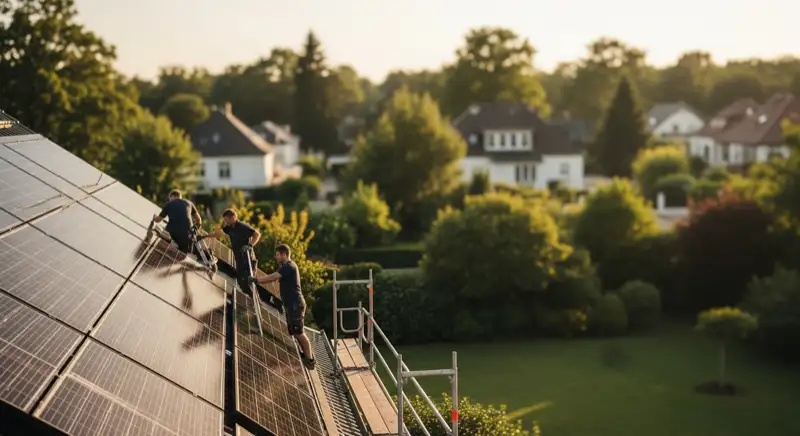 Facharbeiter bei der Montage von Solarmodulen auf einem Hausdach in Mülheim an der Ruhr mit grüner Umgebung