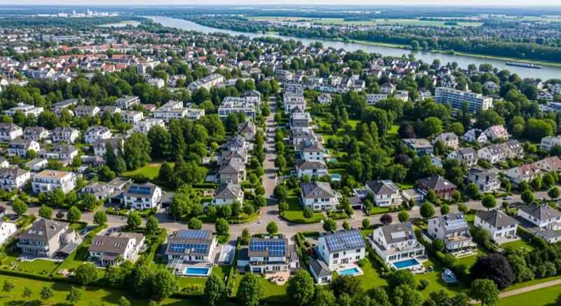 Luftaufnahme von Mülheim an der Ruhr mit grünen Wohngebieten, Villen und der Ruhr im Hintergrund, Solaranlagen auf Dächern sichtbar