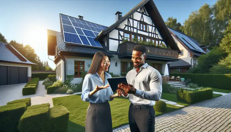 Solarberater zeigt Hausbesitzer eine Anlagenplanung auf dem Tablet vor einem Einfamilienhaus in Mülheim an der Ruhr