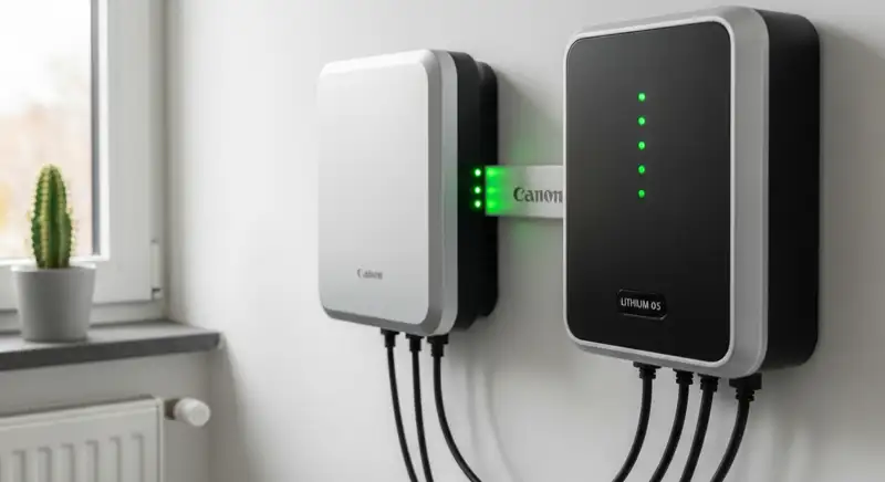 Moderner Batteriespeicher an einer Hauswand montiert, sauber verkabelt mit grüner LED-Anzeige