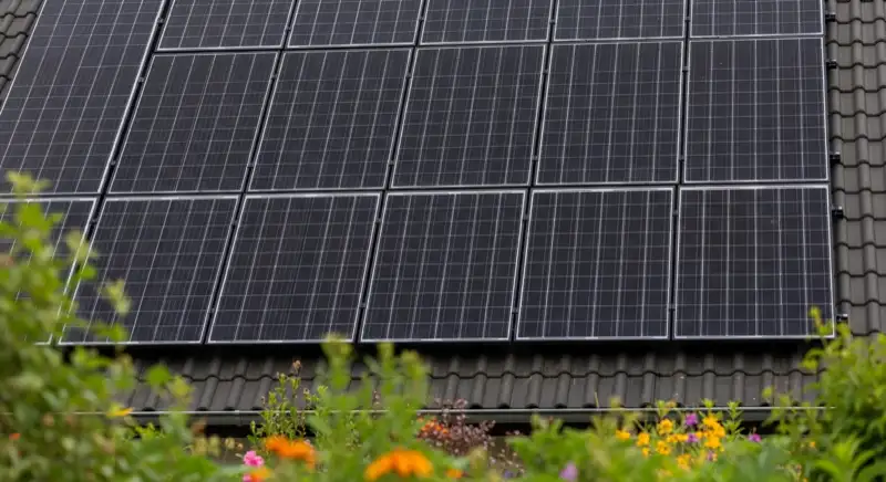 Moderne Solarmodule auf einem Schrägdach in Mülheim an der Ruhr, grüne Gärten und Baumkronen im Hintergrund
