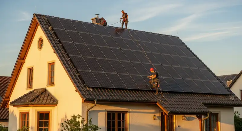 Solartechniker bei der Montage von Photovoltaikmodulen auf einem Hausdach in Mülheim an der Ruhr