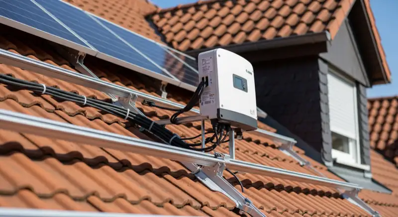 Detailaufnahme einer professionellen Solarmodulmontage auf einem Hausdach in Mülheim