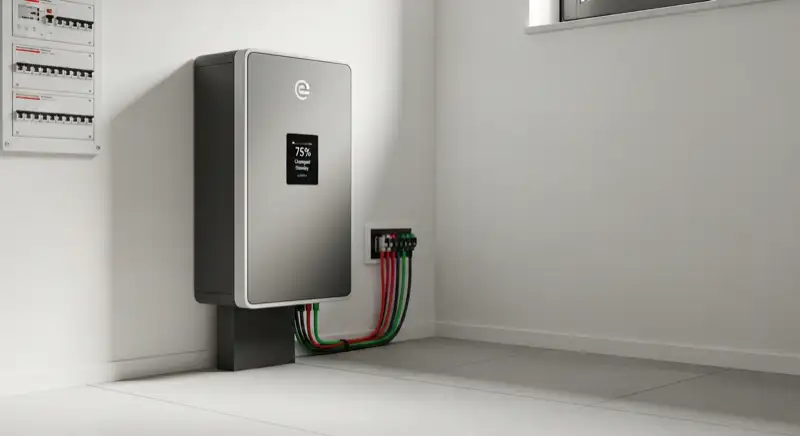 Moderner Batteriespeicher an einer weißen Wand in einem Mülheimer Hauswirtschaftsraum