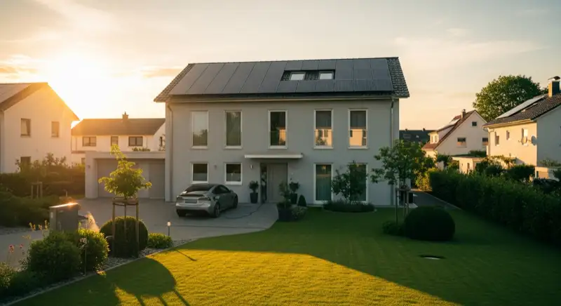Modernes Einfamilienhaus in Mülheim mit Solaranlage und Elektroauto-Ladestation in der Einfahrt