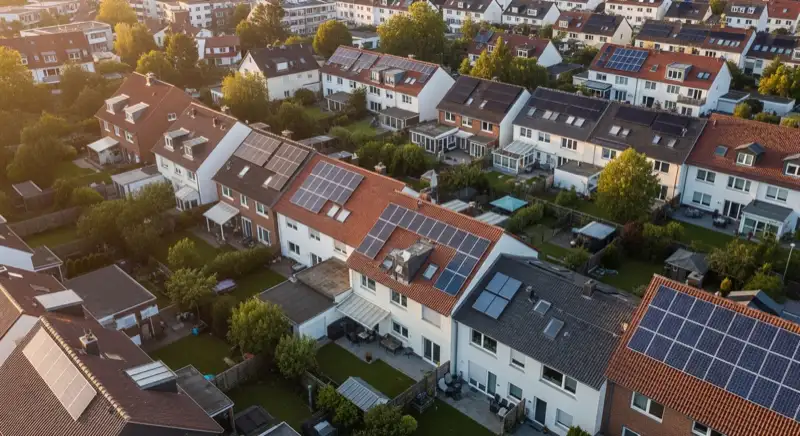 Aerial drone view of typical German residential neighborhood with mixed roof types, red and dark roof tiles, gardens visible, sunny day