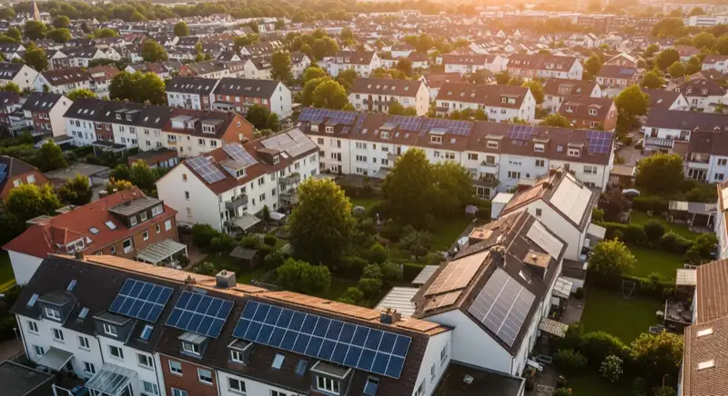 Aerial drone view of typical German residential neighborhood with mixed roof types, red and dark roof tiles, gardens visible, sunny day