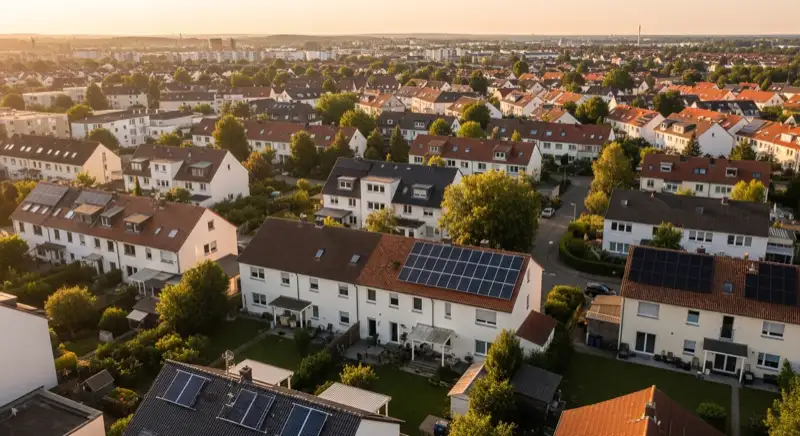 Aerial drone view of typical German residential neighborhood with mixed roof types, red and dark roof tiles, gardens visible, sunny day