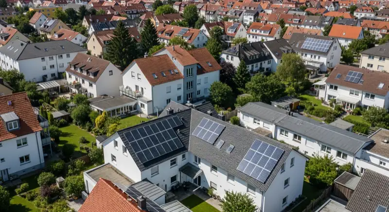 Aerial drone view of typical German residential neighborhood with mixed roof types, red and dark roof tiles, gardens visible, sunny day