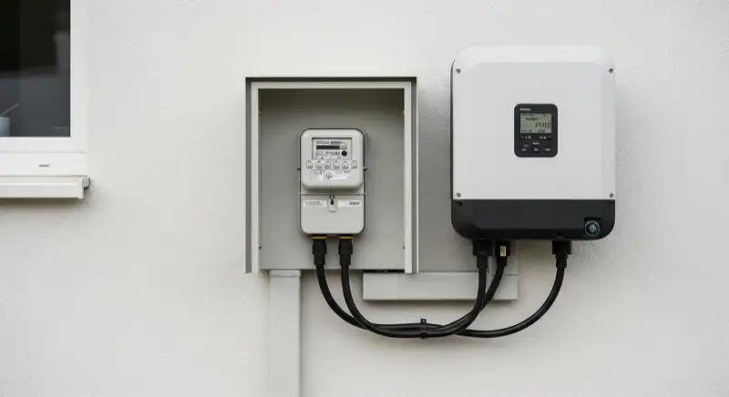Modern German electrical meter cabinet (Zählerschrank) with smart meter and solar inverter connection, clean technical installation