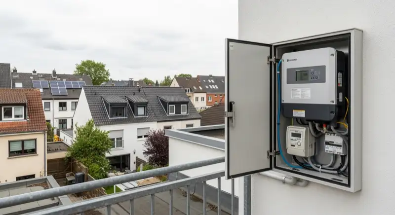 Modern German electrical meter cabinet (Zählerschrank) with smart meter and solar inverter connection, clean technical installation