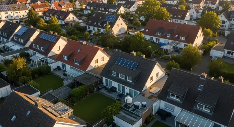 Aerial drone view of typical German residential neighborhood with mixed roof types, red and dark roof tiles, gardens visible, sunny day