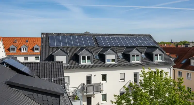 Bestandsdach mit Solarmodulen in der Kernstadt Neu-Isenburg nahe dem Alten Ort