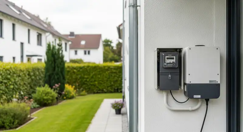 Modern German electrical meter cabinet (Zählerschrank) with smart meter and solar inverter connection, clean technical installation