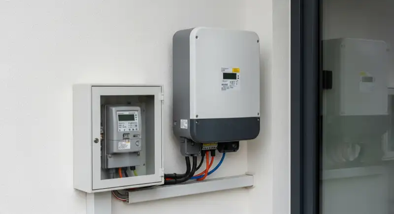 Modern German electrical meter cabinet (Zählerschrank) with smart meter and solar inverter connection, clean technical installation