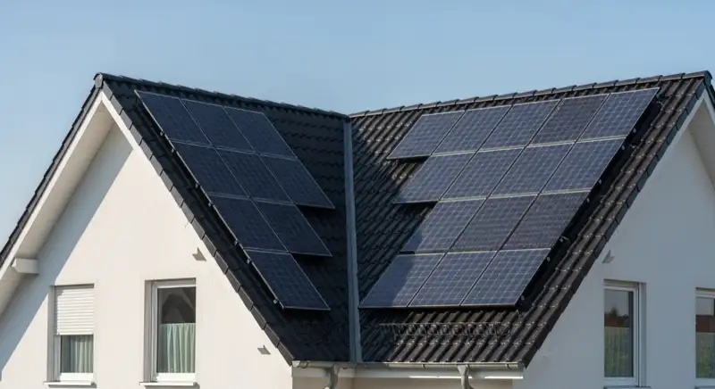 Satteldach eines Einfamilienhauses in Neu-Isenburg mit Solarmodulen