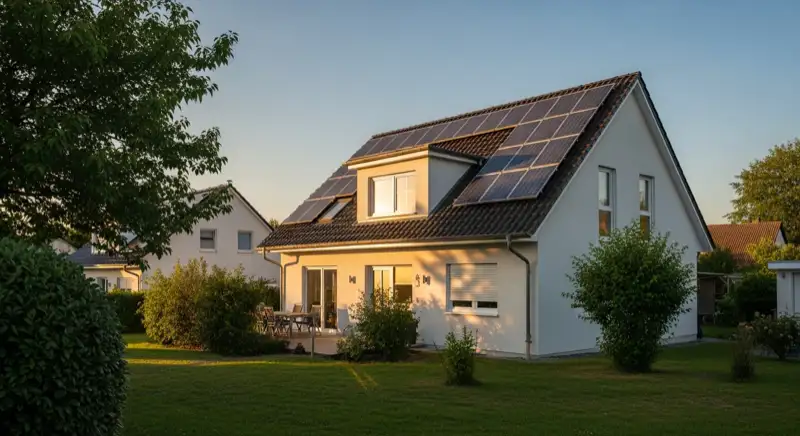 Nahaufnahme von Solarmodulen auf einem Neubrandenburger Dach
