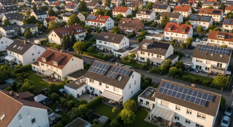 Aerial drone view of typical German residential neighborhood with mixed roof types, red and dark roof tiles, gardens visible, sunny day