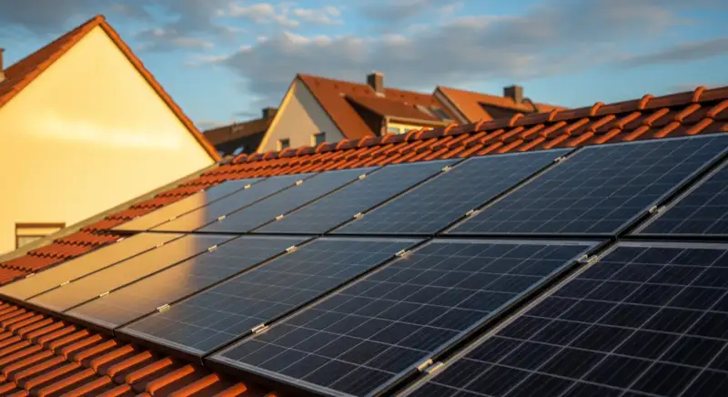 Close-up of photovoltaic solar panels installed on a traditional German Satteldach (gabled roof), blue sky with some clouds