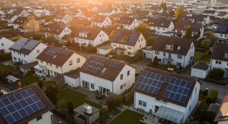 Aerial drone view of typical German residential neighborhood with mixed roof types, red and dark roof tiles, gardens visible, sunny day