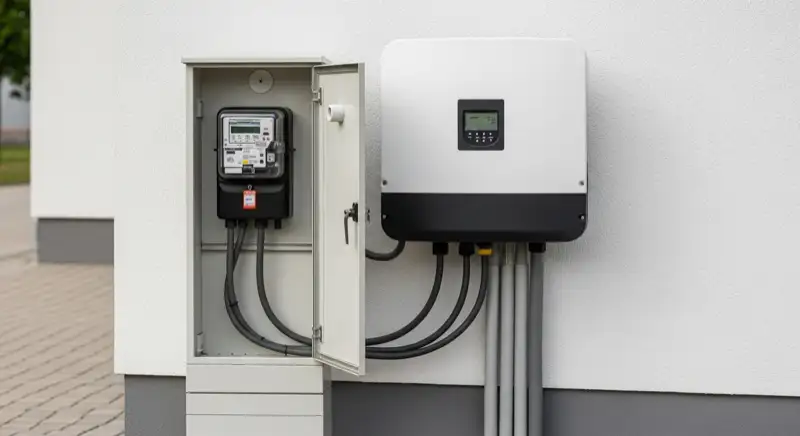 Modern German electrical meter cabinet (Zählerschrank) with smart meter and solar inverter connection, clean technical installation